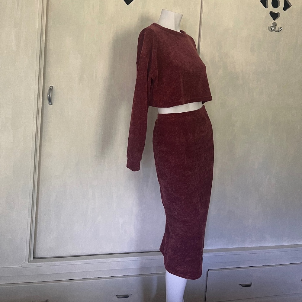 Red sweater chenille cozy pencil skirt with back slit